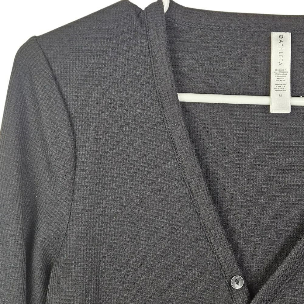 Athleta Wind Down Black Henley‎ Style Long Sleeve Top Waffle Knit Size Medium